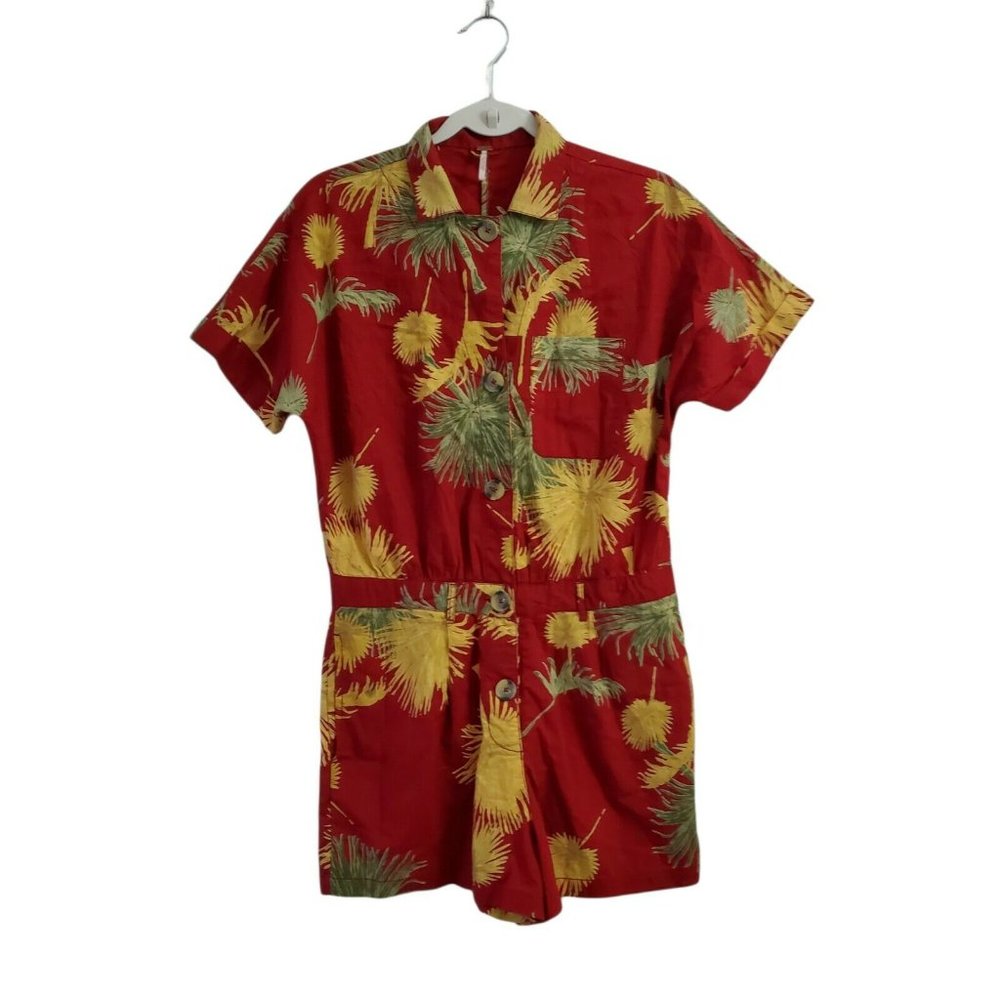 Free People Malibu Romper Small Maroon Red Palm Print Summer Cotton Travel